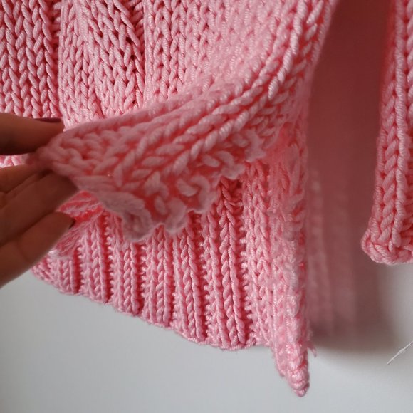 Women's Candy Pink Thick Chunky Cable Knit Pullover Sweater Handmade Hi Lo Hem - Picture 7 of 9